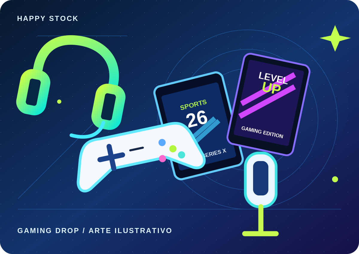 Arte promocional del lote Gaming Drop, con control y accesorios de videojuegos