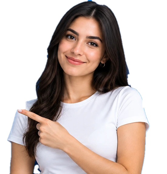 Imagen ilustrativa de una presentadora de Happy Stock señalando nuestras ofertas